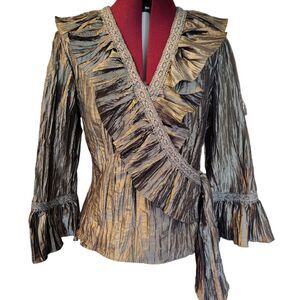 Jackie Jon NY VTG Shimmer Ruffled Crinkle Metallic Lace Size 8 Shirt Blouse
